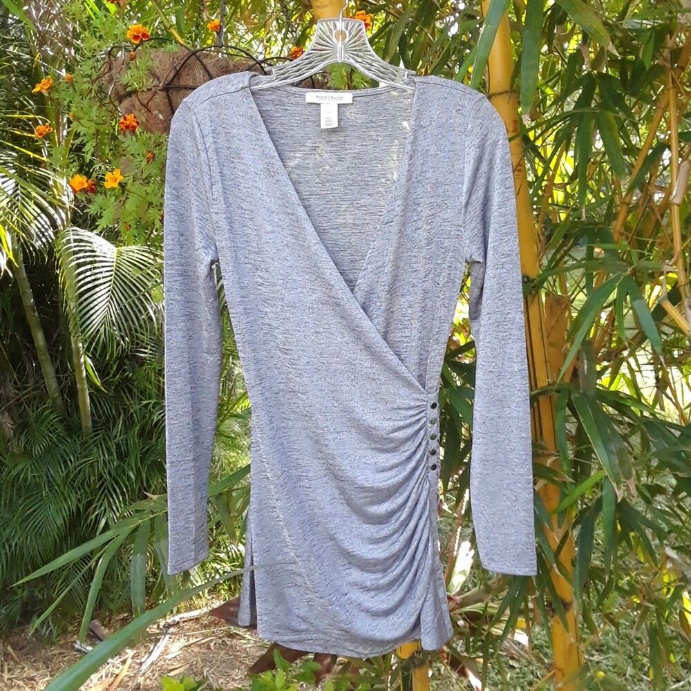 WHBM Tunic Top Slinky Stretchy Plunge V-Neck XS Studs Ruched Gray White Black
